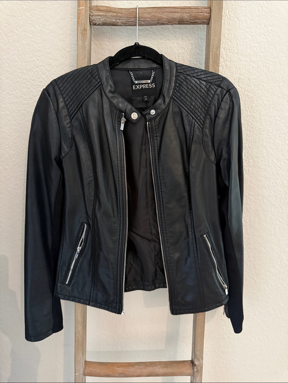 Express Black Faux Leather Moto Jacket with Quilted Shoulders